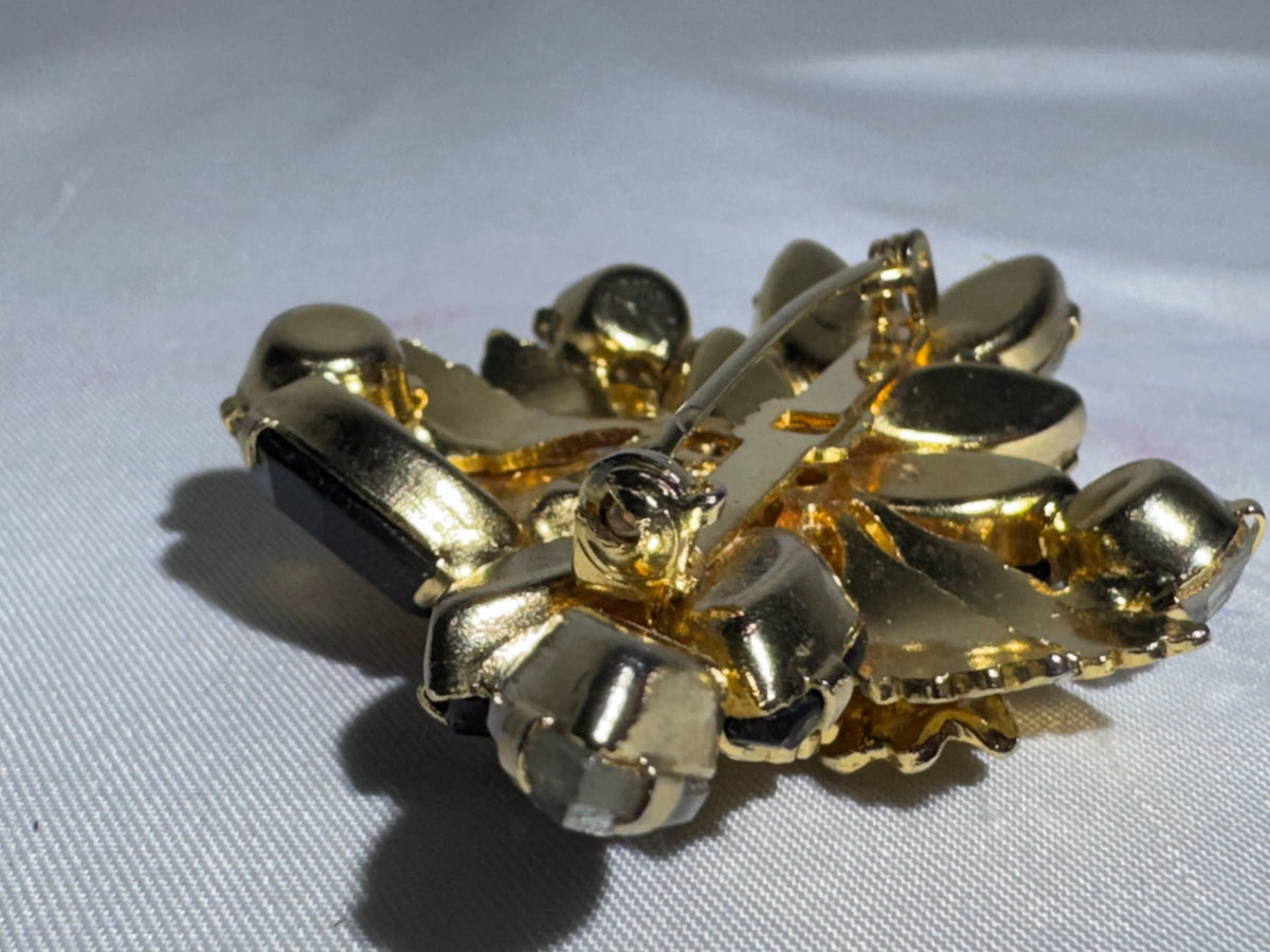 Vintage Weiss Style Black Rhinestone Floral Brooch Faux Pearl Gold Tone Unsigned