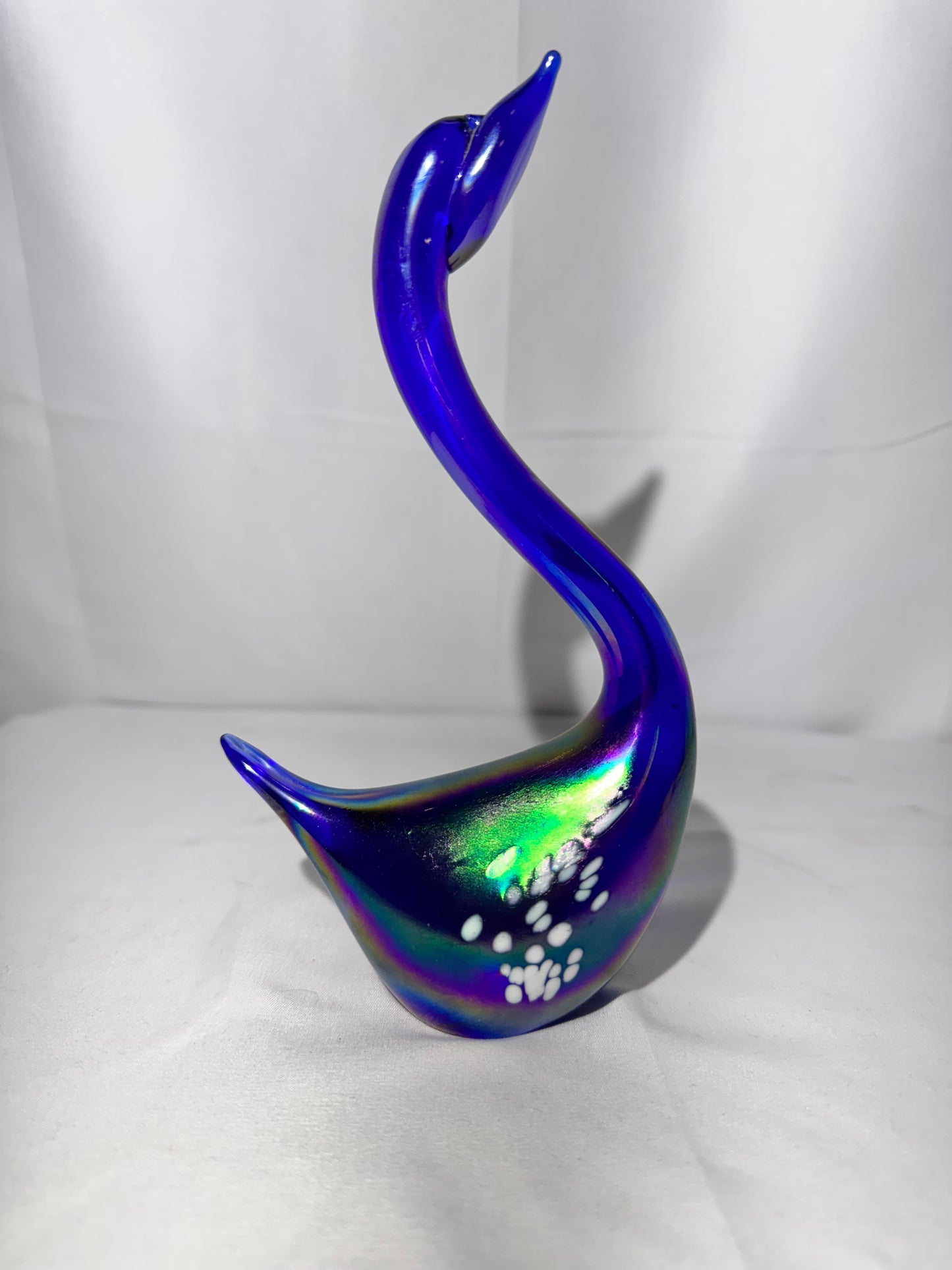Blue Iridescent Carnival Glass Swan – Hand Painted Accent Wings – 7½”