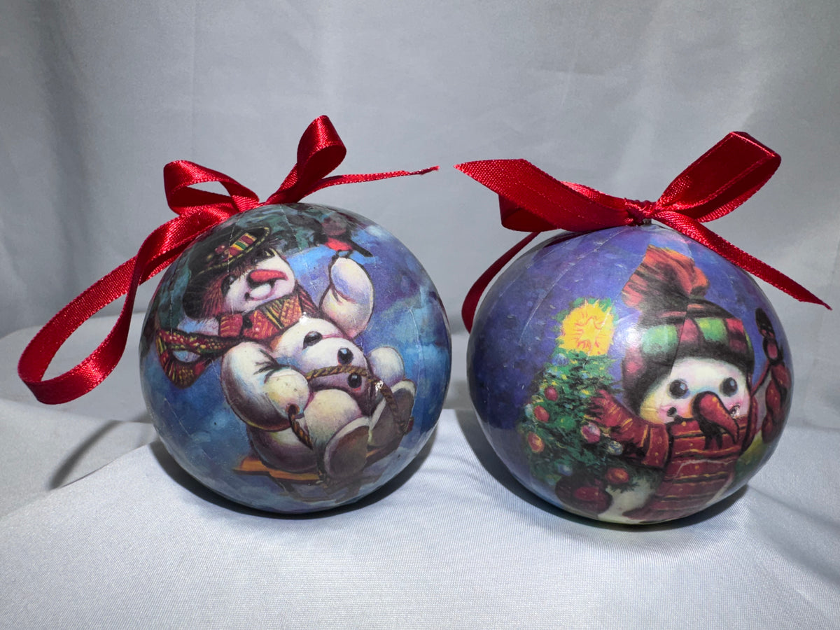 Vintage Frosty Snowman Christmas Ornaments Set of 12 Paper Mache Red Bows w/ Box