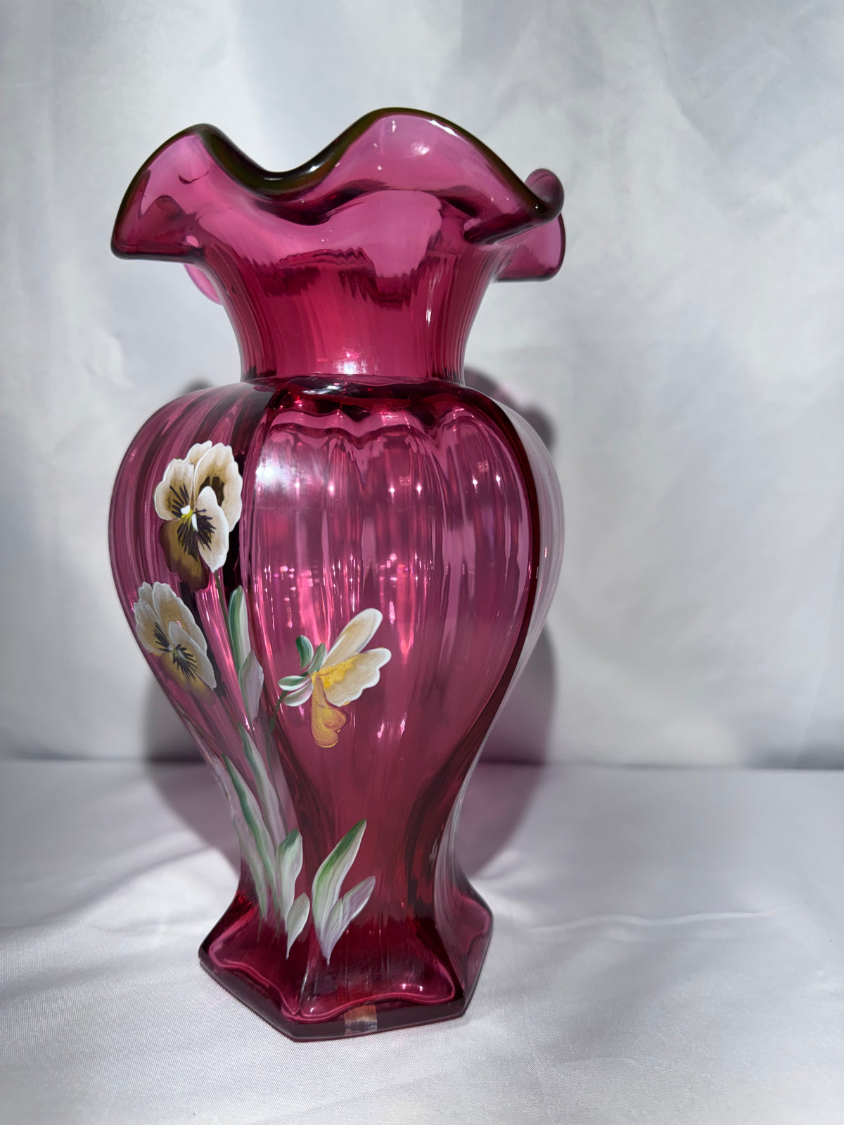 Fenton Art Glass Cranberry Vase Hand-Painted Pansies Signed 1995 George Fenton