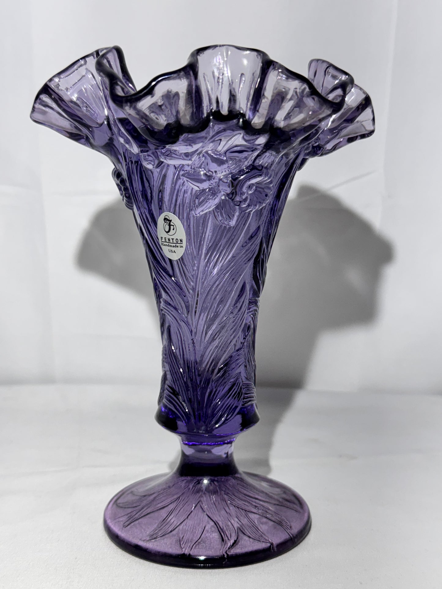 Fenton Amethyst Daffodil Ruffled Vase – Handcrafted in the USA – Original Fenton Sticker – 7.5” Tall