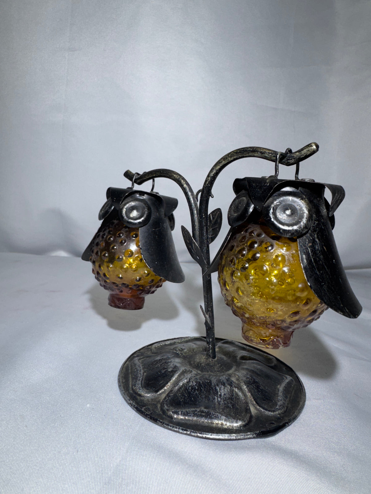 Vintage 1970s Amber Hobnail Glass Owl Salt & Pepper Shakers w/ Metal Tree Stand