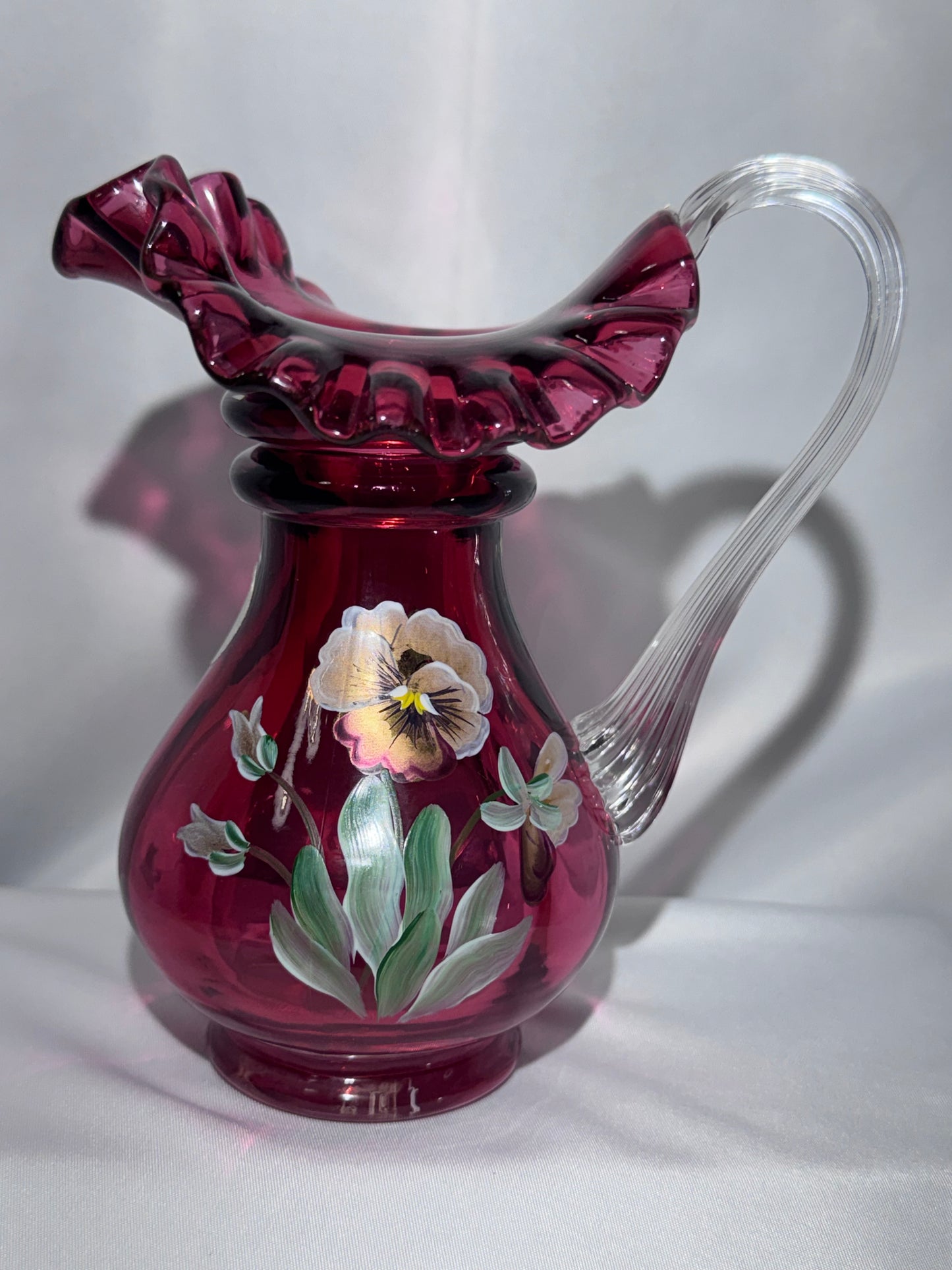 Vintage Fenton Cranberry Glass Pitcher – Hand-Painted Pansies – Signed