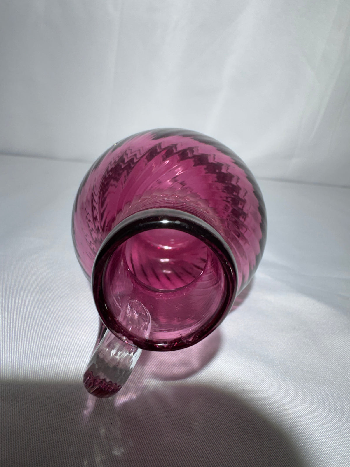 Vintage Hand-Blown Cranberry Art Glass Jug – Swirled Optic Pattern 70’s
