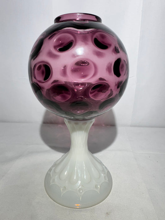 Fenton Coin Pedestal Ivory Ball / Rose Bowl – Amethyst & Milk Glass