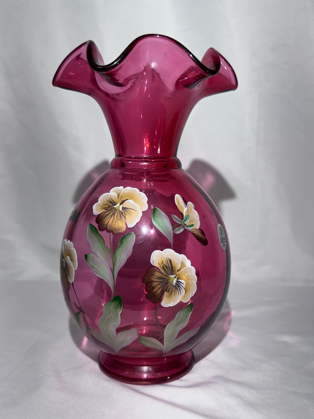Vintage Fenton Cranberry Art Glass Vase – Hand-Painted Pansy Floral – P. Lane – 9” -1990's