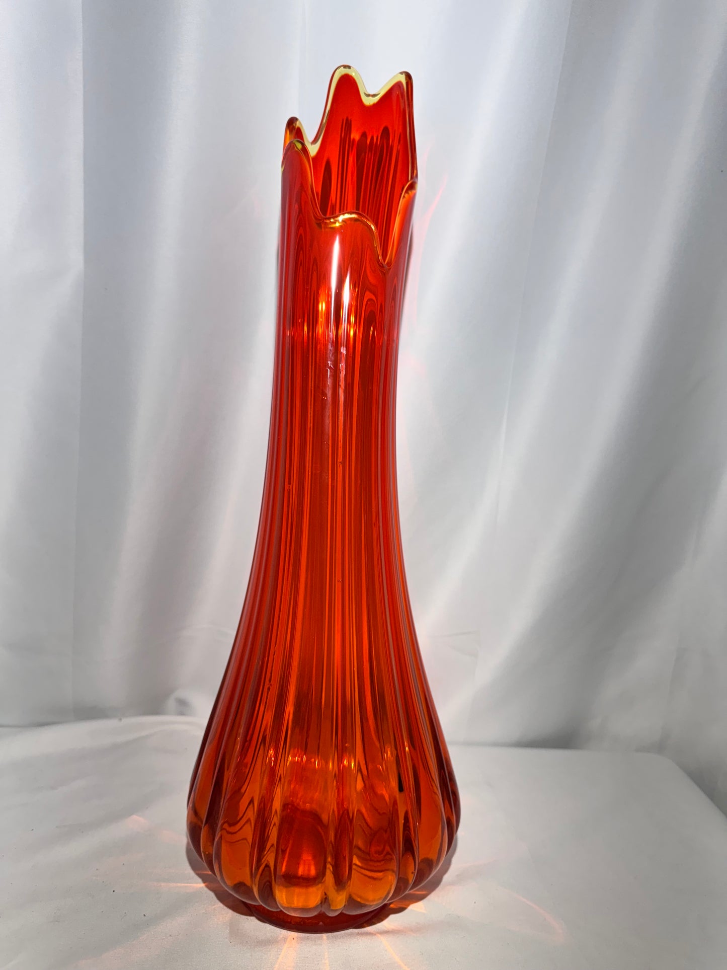 Vintage L.E. Smith Flame Red Swung Glass Vase – 21” Mid-Century Modern Art Glass