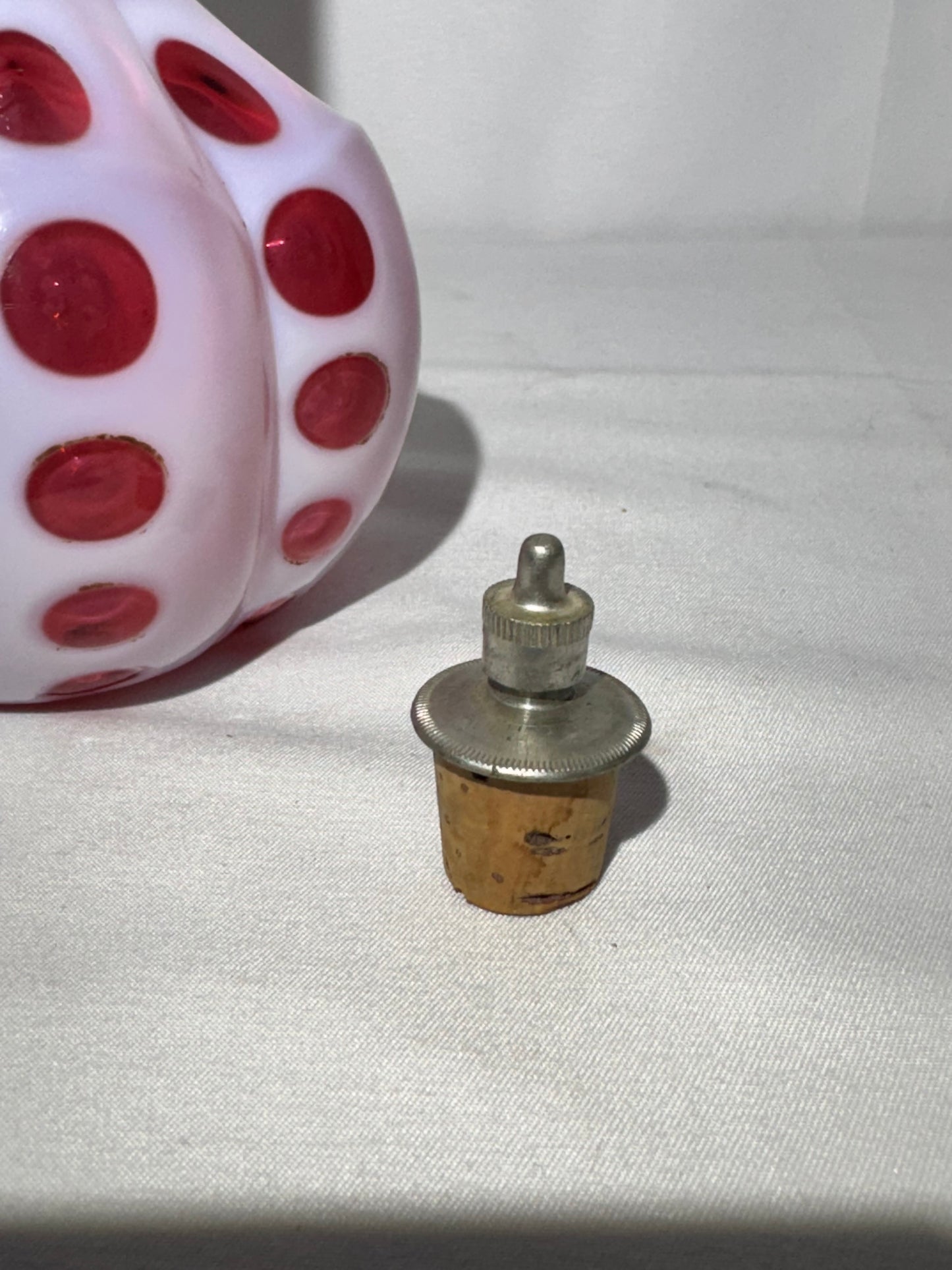 Vintage Cranberry & White Coin Dot Barber Bottle w/ Original Topper