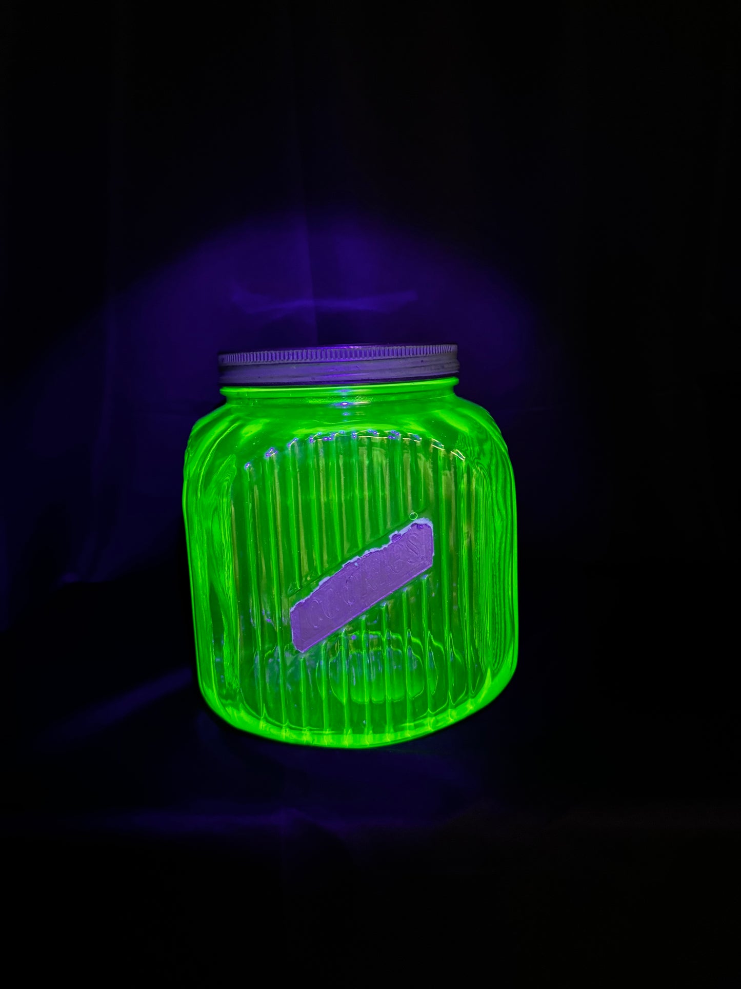 Vintage 1930s Uranium Glass Hoosier Cookie Jar Canister Green Ribbed UV Reactive w/Lid
