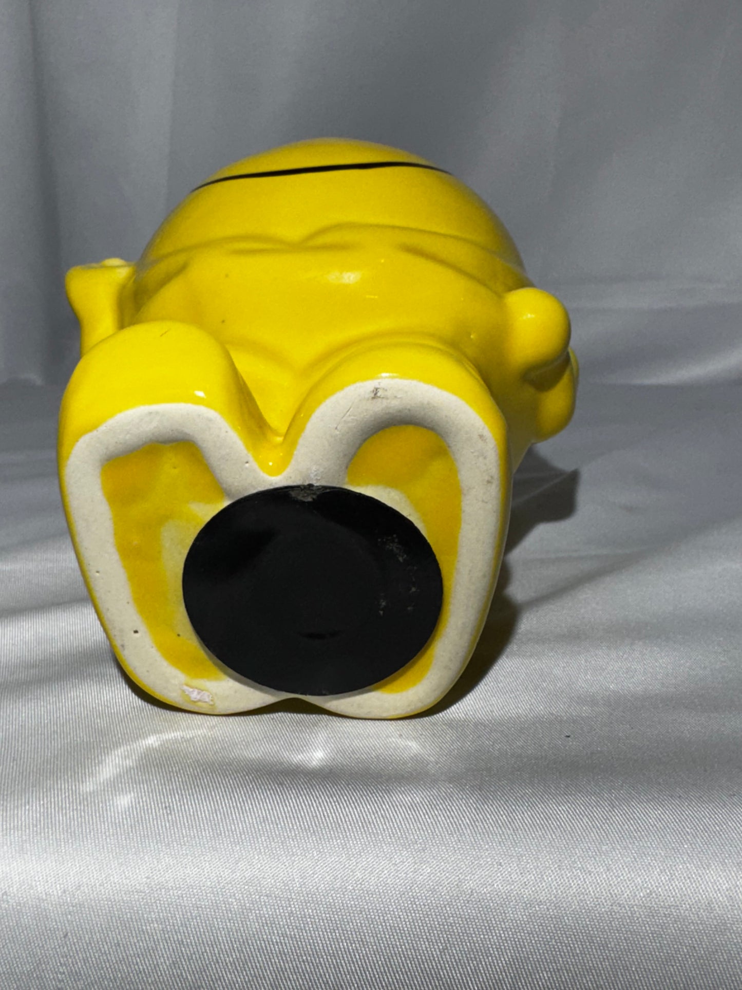 Vintage 1970s Yellow Smiley Face Man Ceramic Piggy Bank Coin Bank Retro Happy Face 5.5”