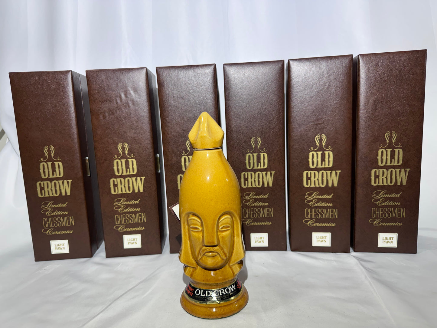 1969 Old Crow 10-Year-Old Bourbon Chessmen Ceramic Decanters – Set of 6 Gold Pawns