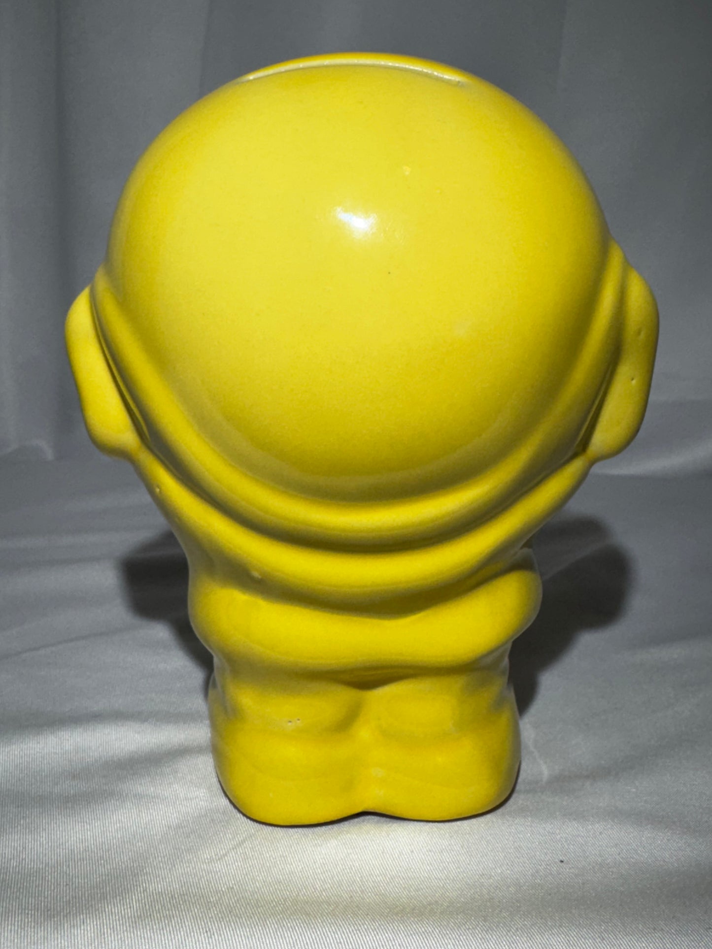 Vintage 1970s Yellow Smiley Face Man Ceramic Piggy Bank Coin Bank Retro Happy Face 5.5”