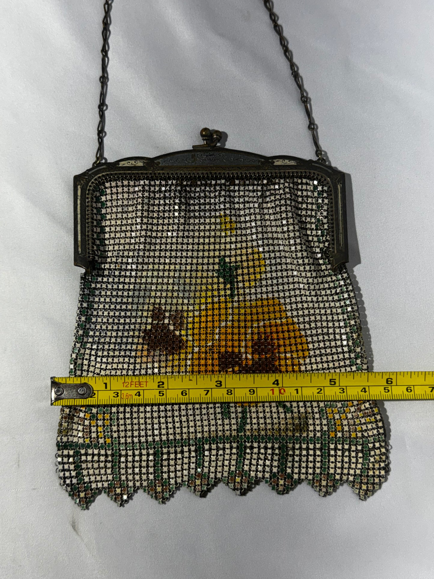Vintage Whiting & Davis Art Deco Enameled Mesh Purse Sunflower Design 1920s Chain Handle