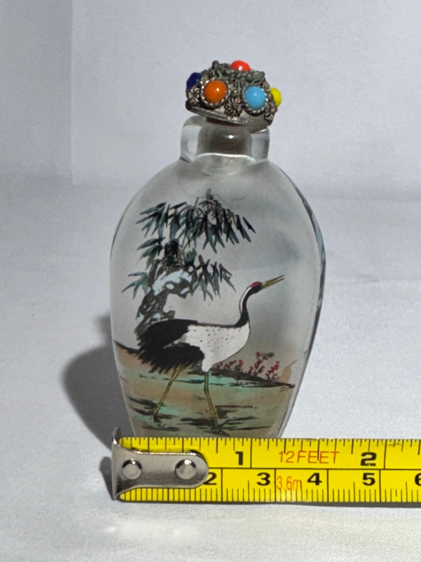 Antique Chinese Inside Painted Glass Snuff Bottle – Dual Crane Design – Jeweled Metal Topper