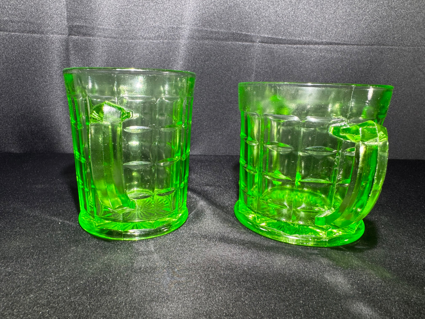 Vintage Hazel Atlas Colonial Block Green Uranium Depression Glass Creamer & Sugar Set