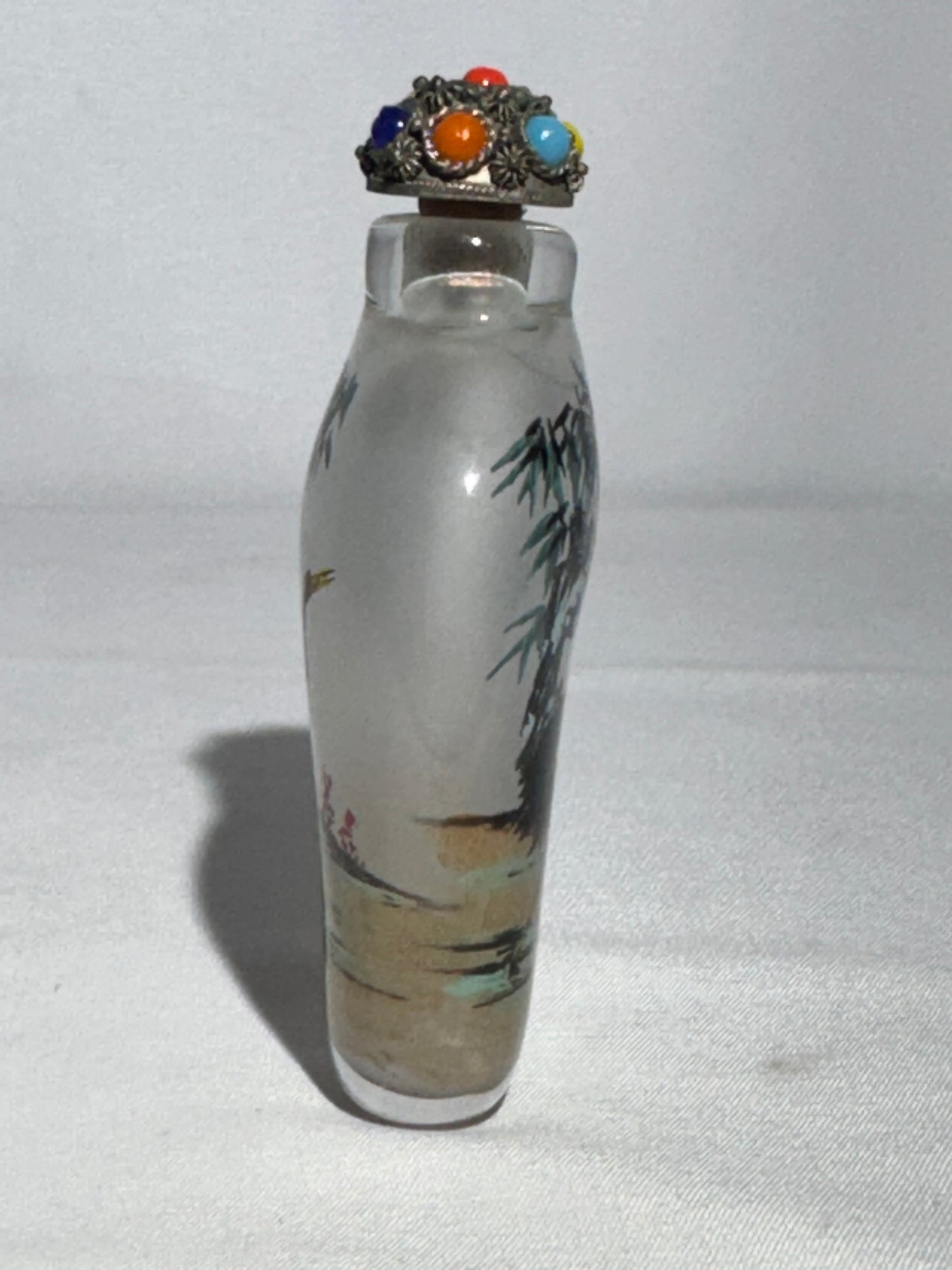 Antique Chinese Inside Painted Glass Snuff Bottle – Dual Crane Design – Jeweled Metal Topper
