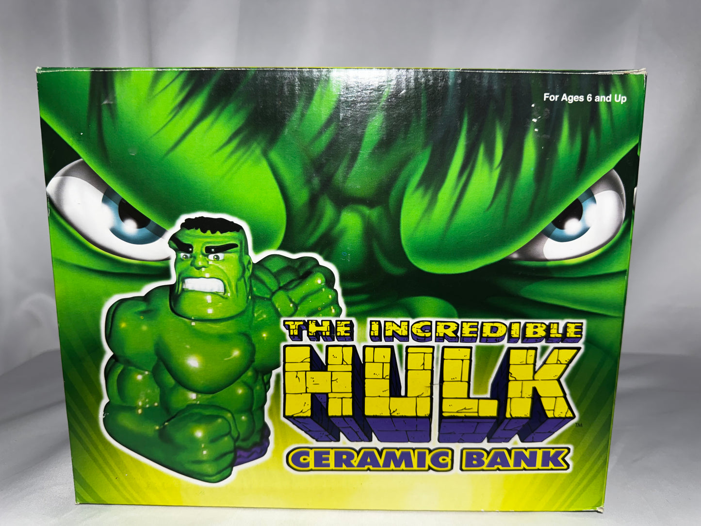 Marvel Incredible Hulk Green Ceramic Coin Bank Comic Images w/ Original Box 7”