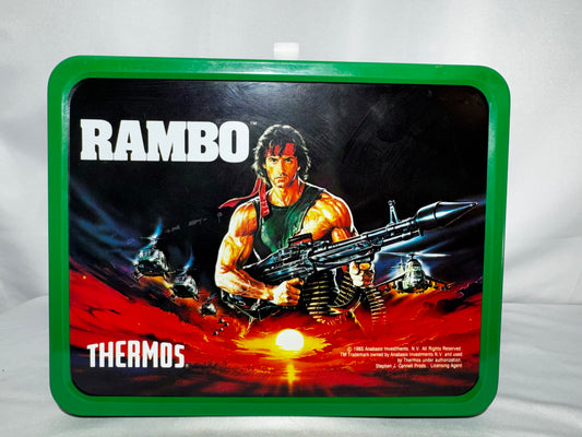 Vintage 1985 Rambo First Blood Part II Metal Lunchbox Thermos Sylvester Stallone with paper