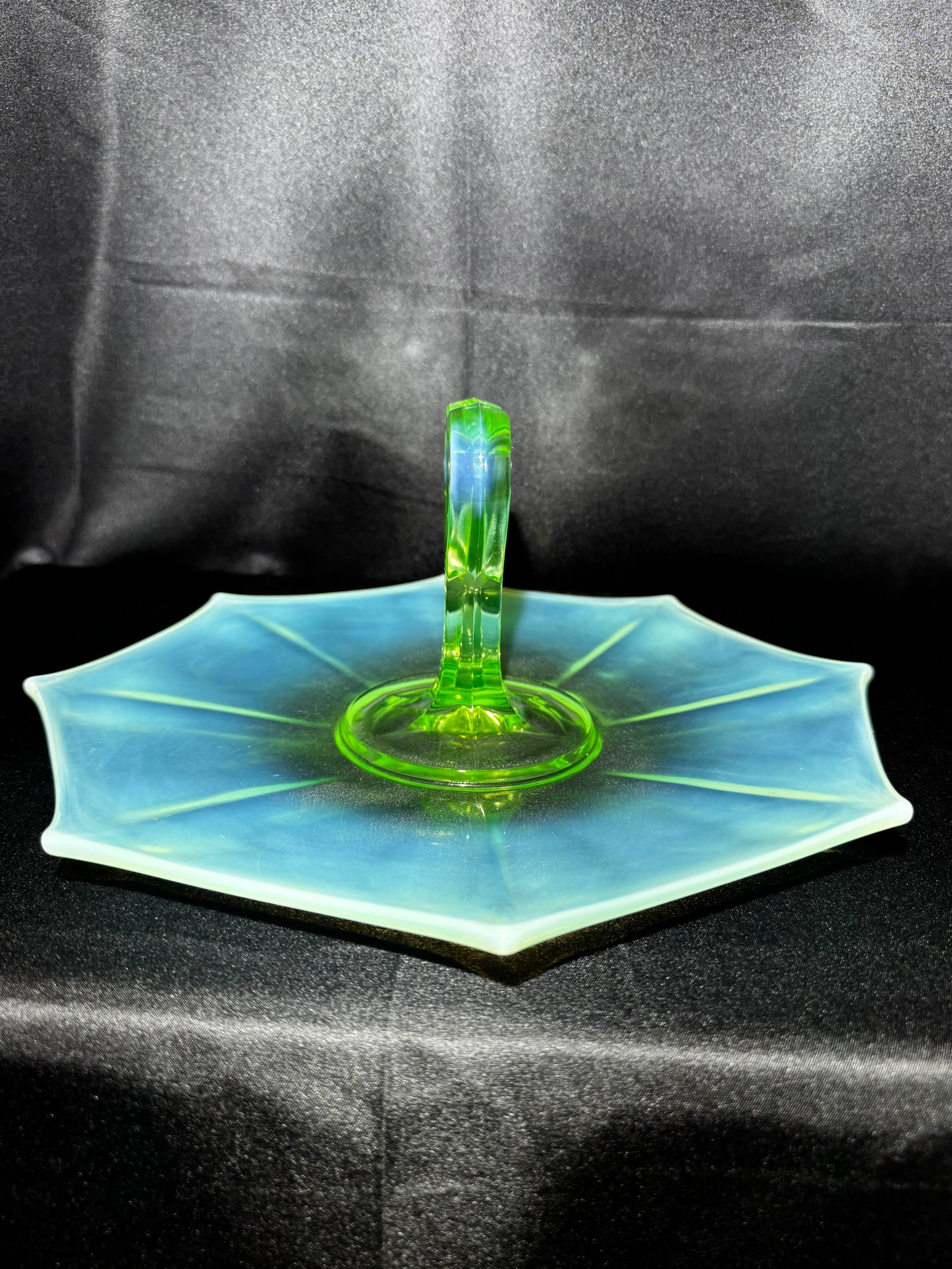 Vintage Uranium Glass Tidbit 12” Tray Heart Handle Bon Bon Dish UV Glow