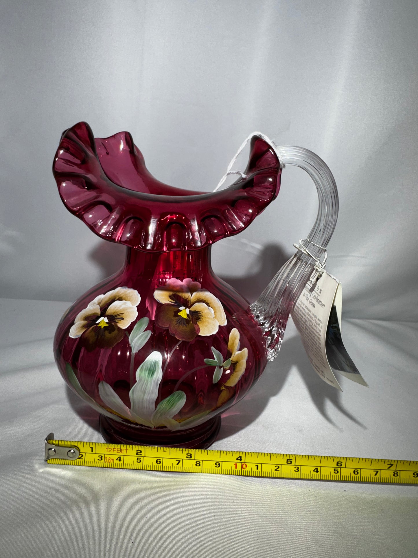 Fenton Art Glass Cranberry Pansy Pitcher 1994 Signed George & Frank M Fenton #279 Hand Painted