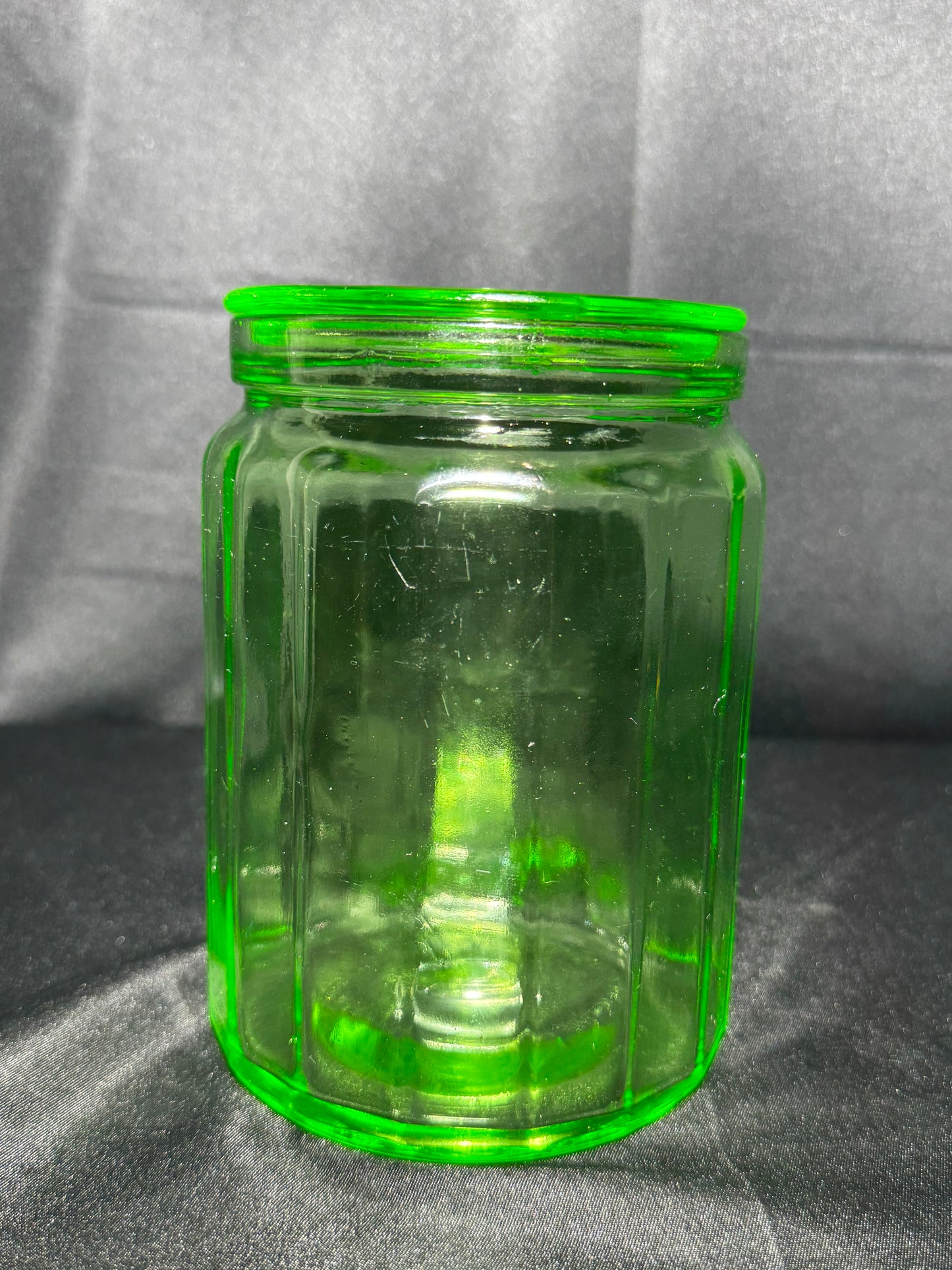 Vintage Hazel Atlas Uranium Glass Canister Green Paneled Depression Glass UV Glow 6-K-345