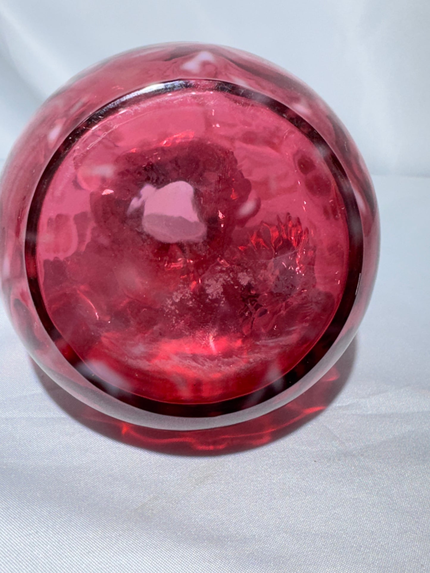 Vintage Cranberry Opalescent “Daisy & Fern” Glass Cruet – 7” – Faceted Stopper