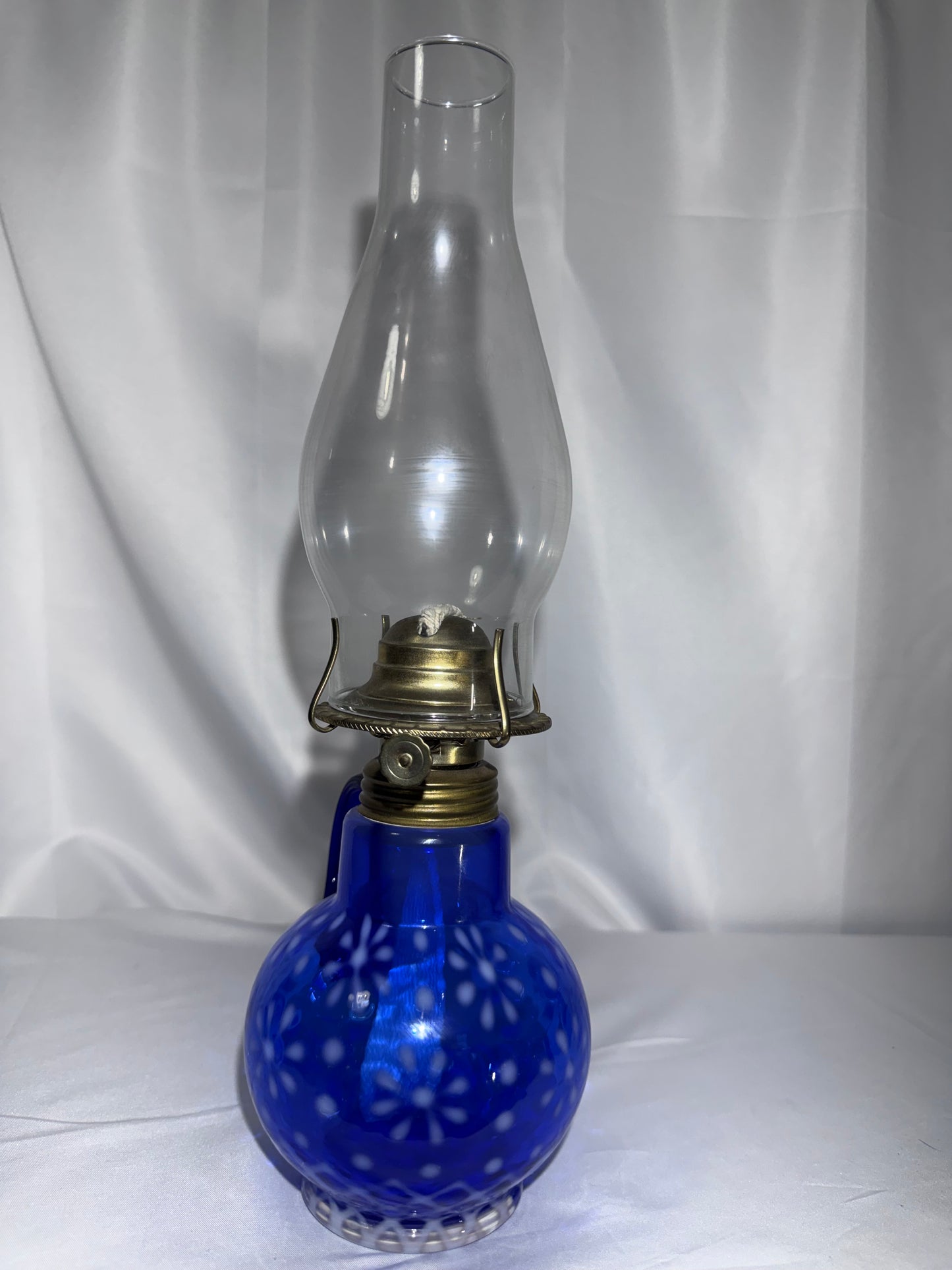 Vintage Cobalt Blue Opalescent Glass Finger Oil Lamp – Snowflake Pattern – 14”