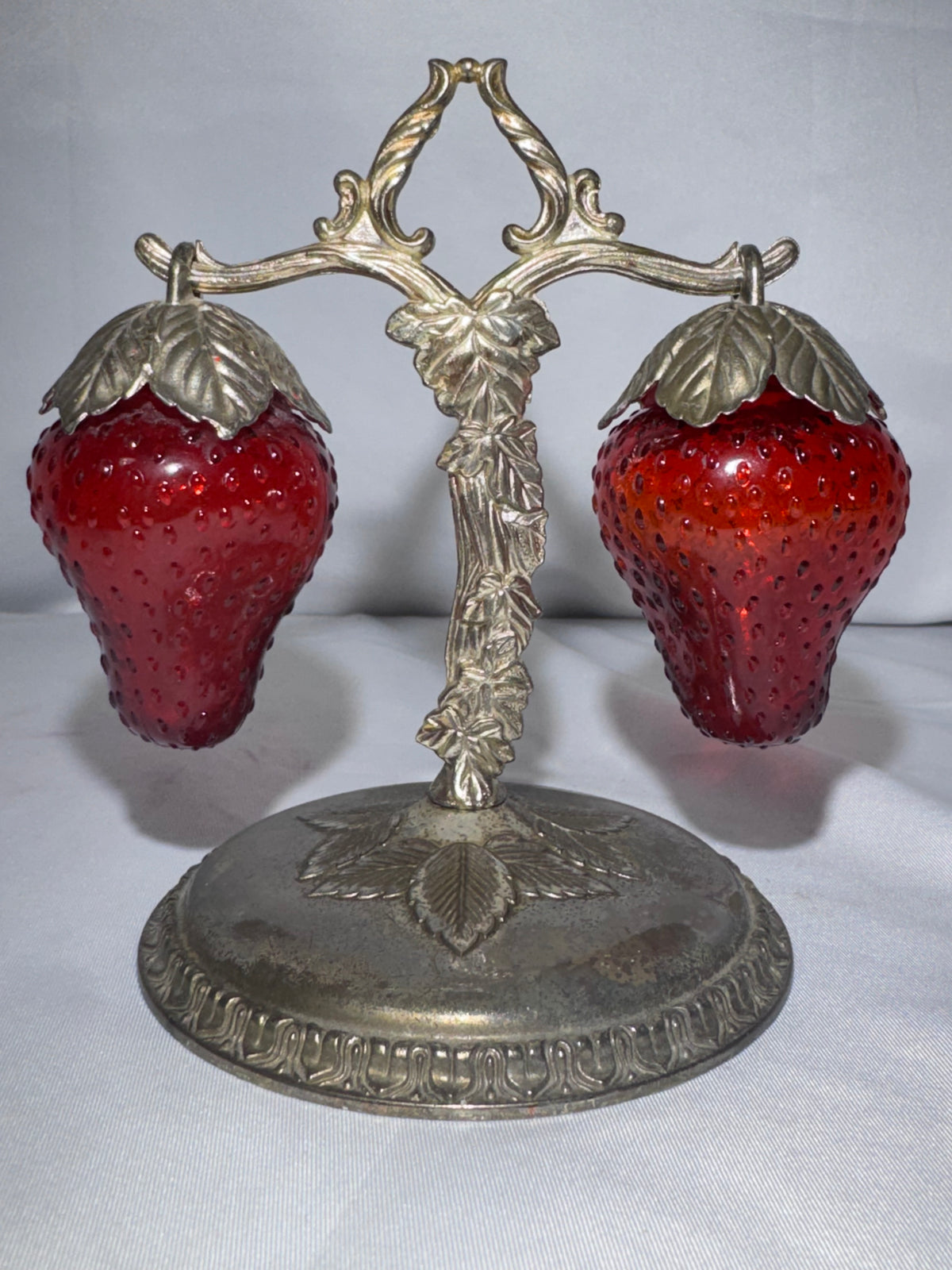 Vintage Japan Red Cadmium Glass Strawberry Salt Pepper Shakers w/ Hanging Stand