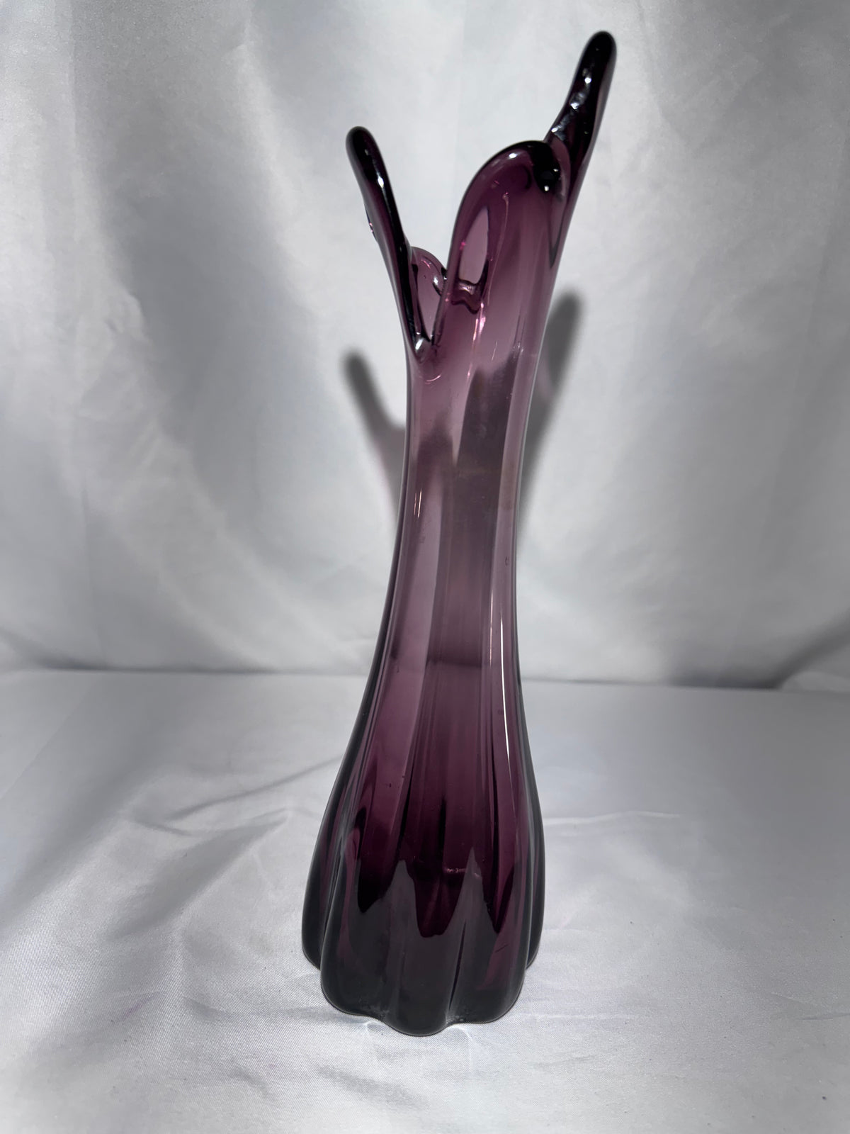 Vintage Amethyst Purple Glass Five-Finger Swung Vase – Mid-Century Modern – 10.5” Tall