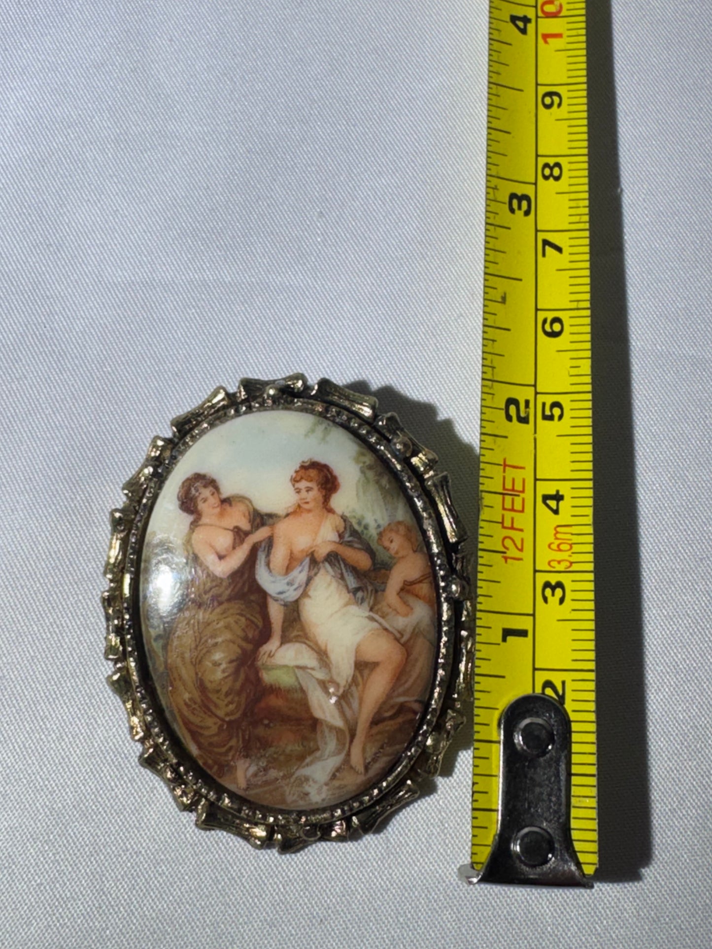 Vintage French Limoges Porcelain Miniature Brooch – Classical Mythology Scene – Ornate Gold-Tone Frame