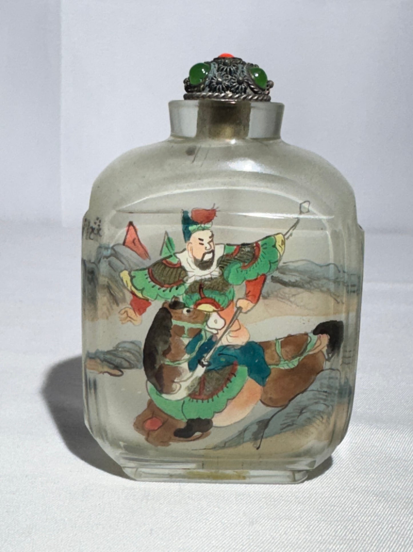 Antique Chinese Inside Painted Glass Snuff Bottle – Man with White Horse & Man Training Brown Horse – Original Metal Topper with Possible Jade & Coral
