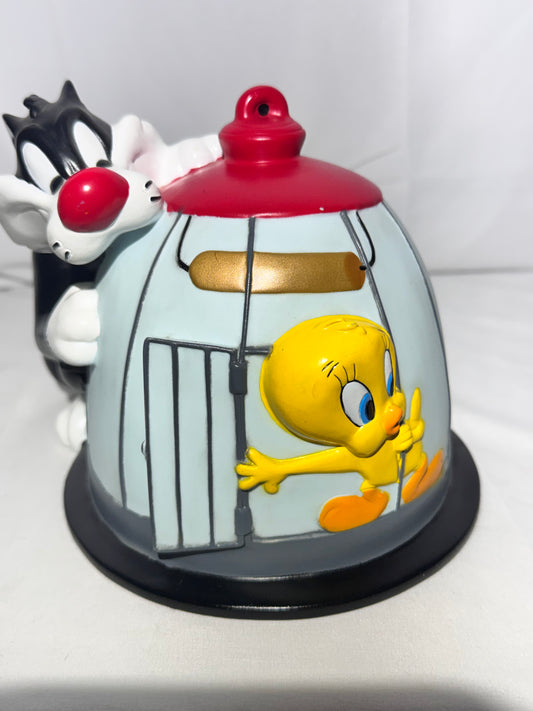 Vintage Looney Tunes Sylvester & Tweety Bird Cage Coin Bank – With Stopper