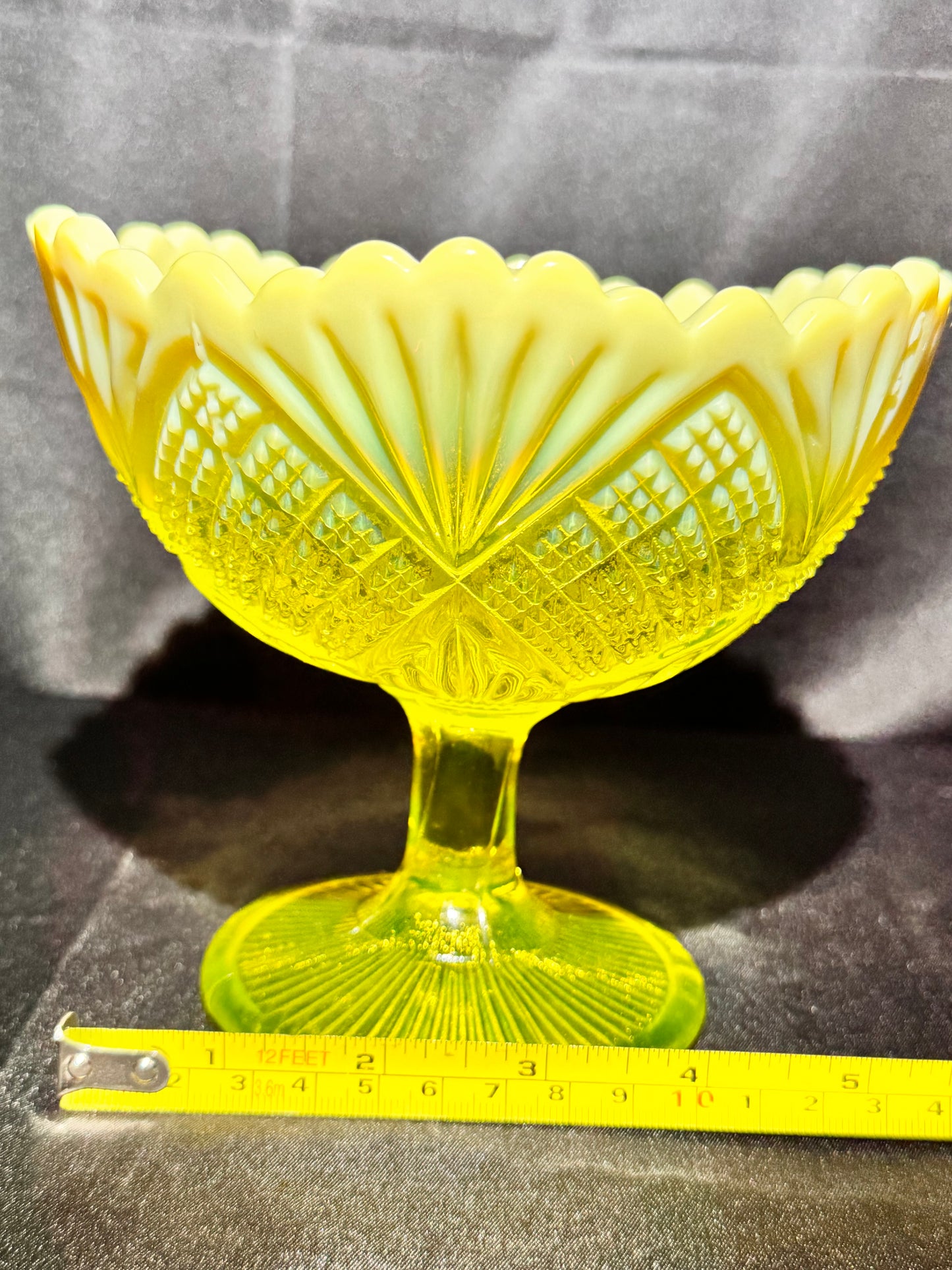 Victorian Uranium Glass Davidson Primrose Pearline Footed Compote – RN 285342