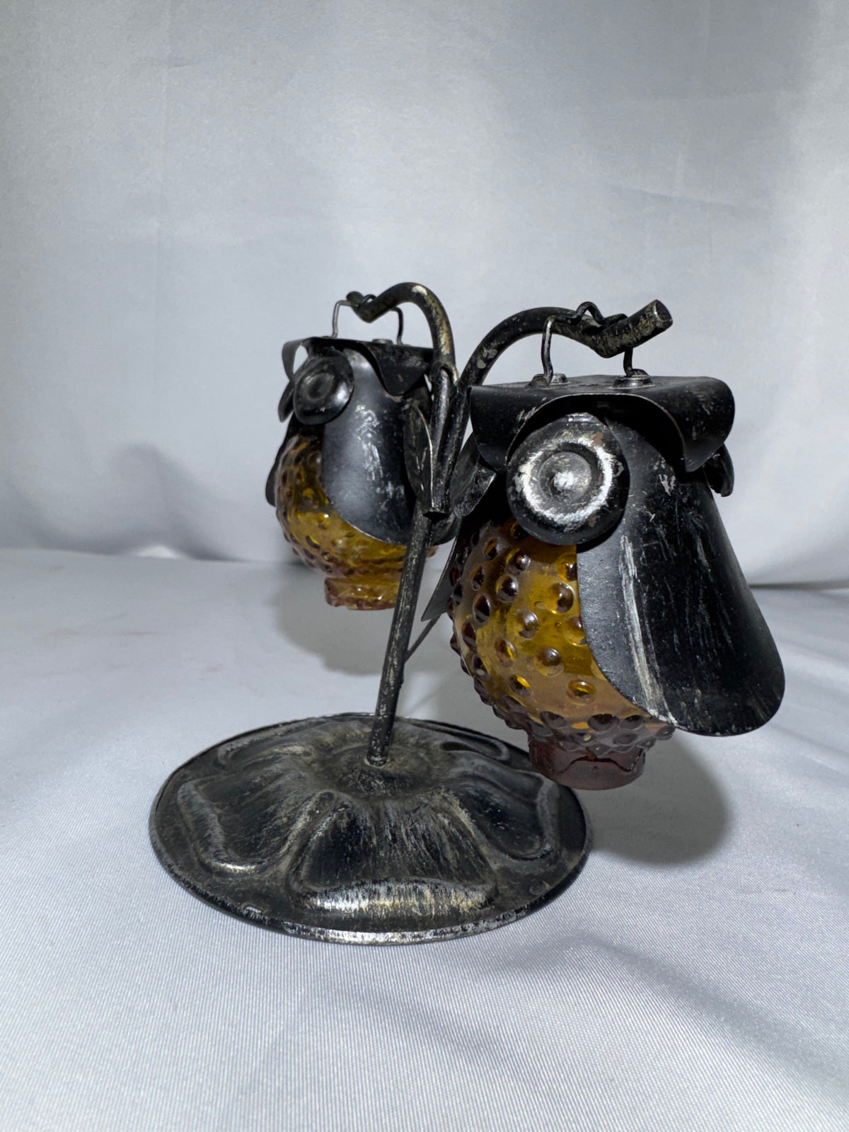 Vintage 1970s Amber Hobnail Glass Owl Salt & Pepper Shakers w/ Metal Tree Stand