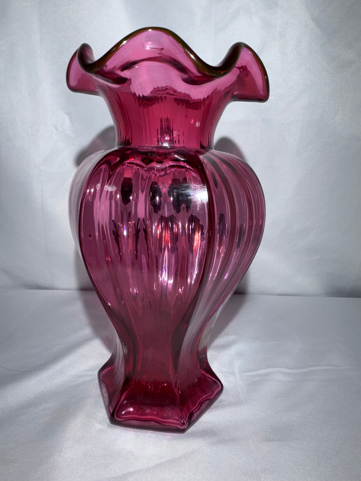 Fenton Art Glass Cranberry Vase Hand-Painted Pansies Signed 1995 George Fenton