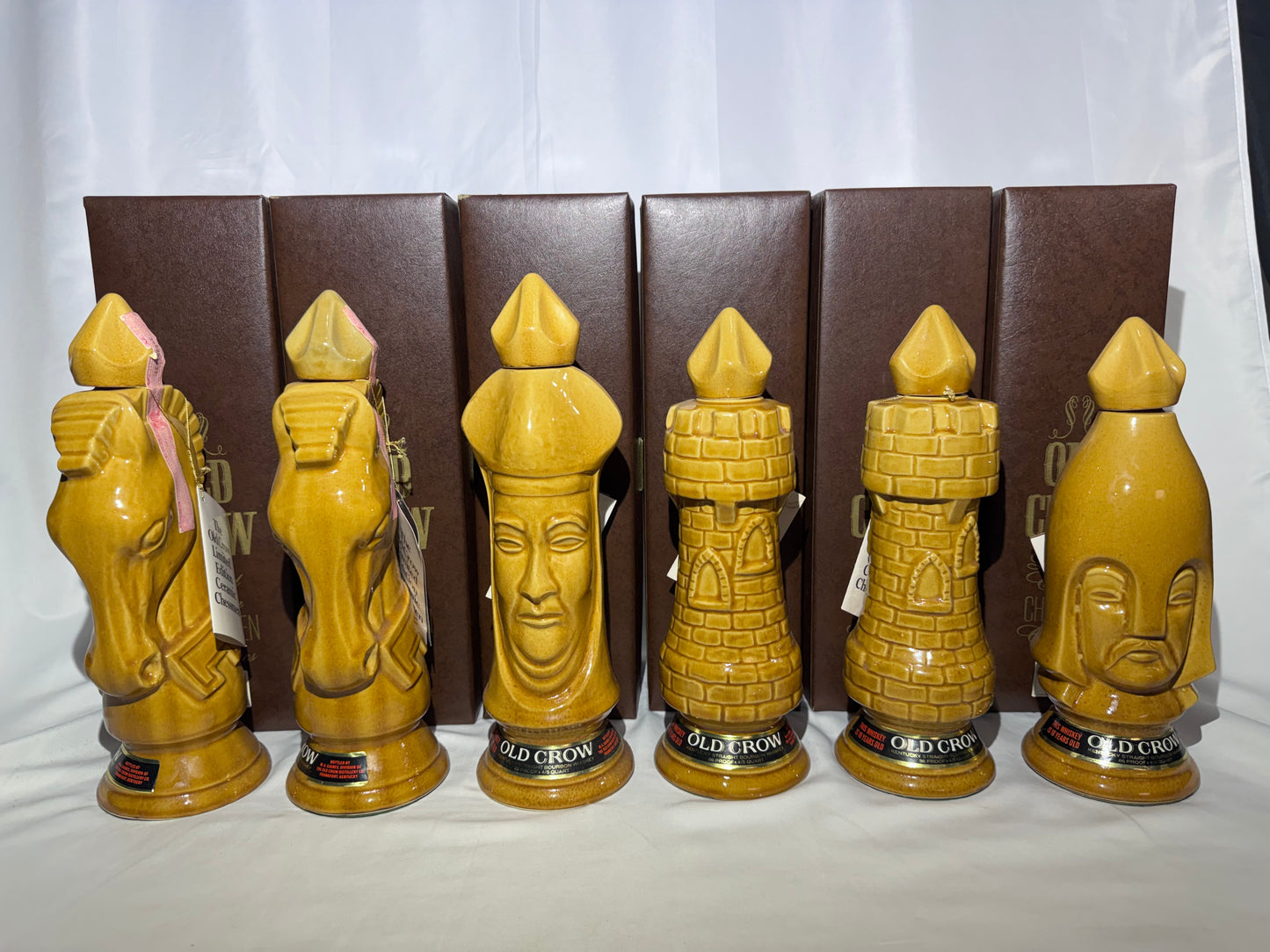 1969 Old Crow 10-Year Bourbon Chessmen Decanters Set 6 Gold Pieces Original Box