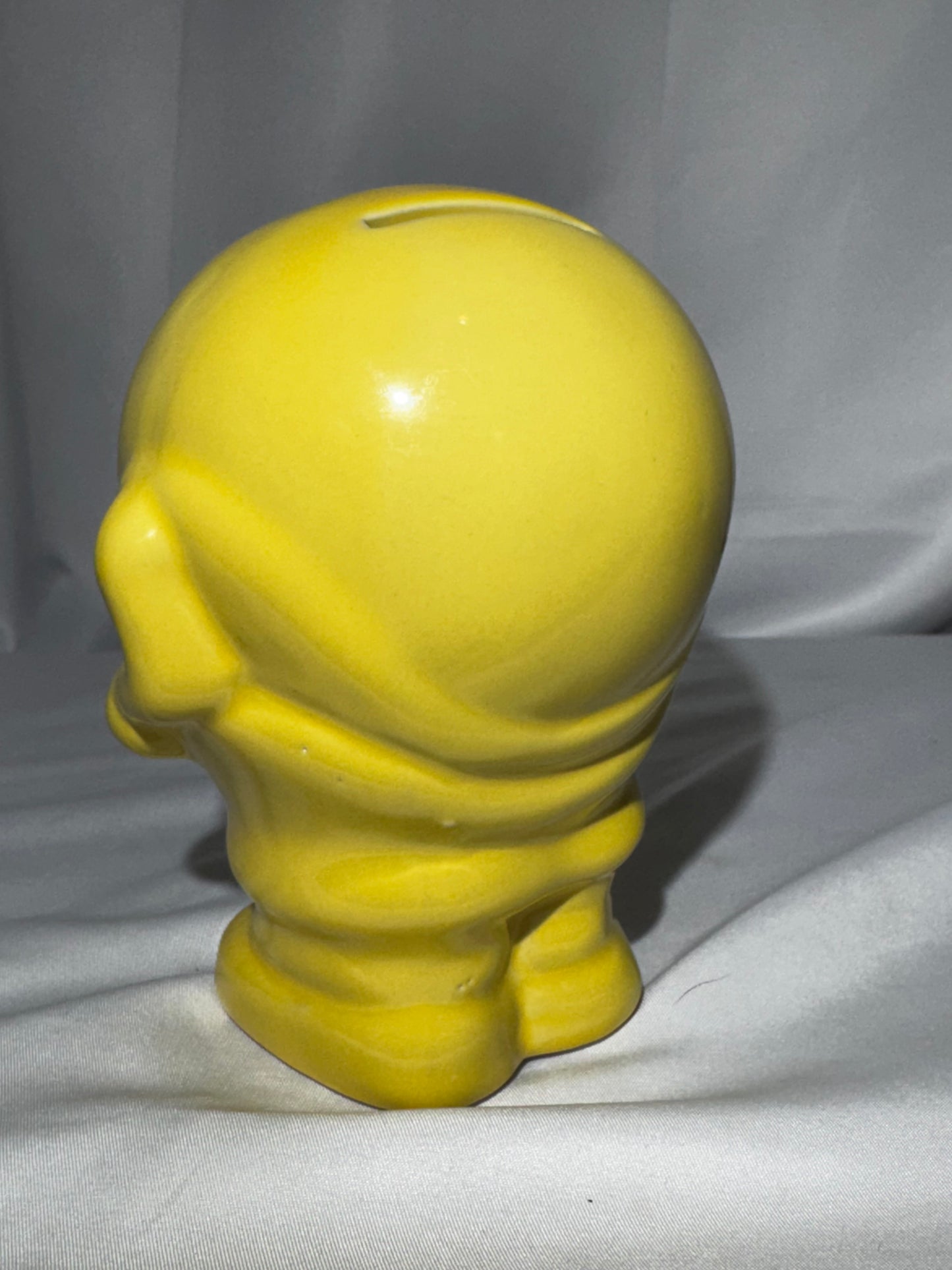 Vintage 1970s Yellow Smiley Face Man Ceramic Piggy Bank Coin Bank Retro Happy Face 5.5”