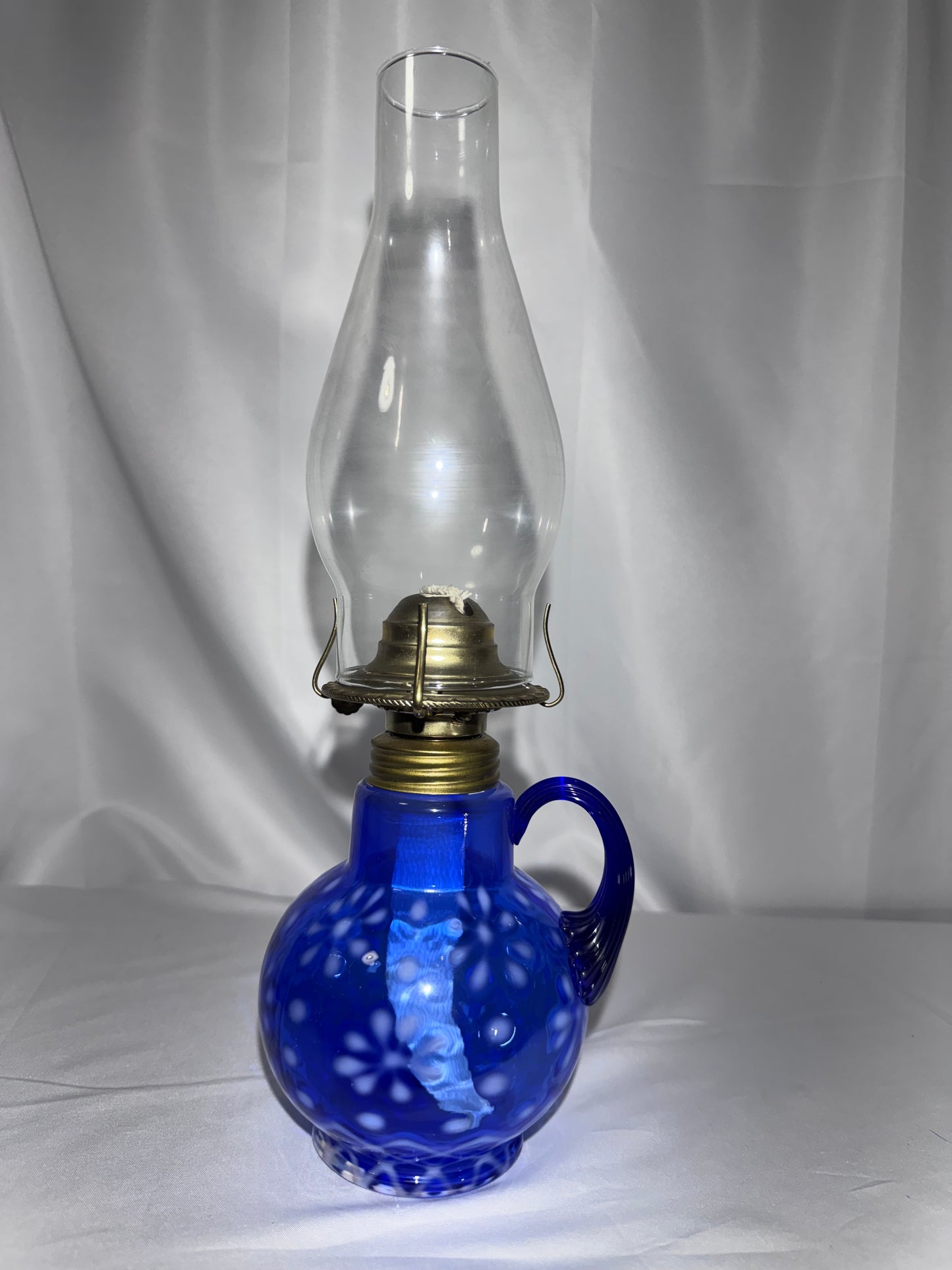 Vintage Cobalt Blue Opalescent Glass Finger Oil Lamp – Snowflake Pattern – 14”