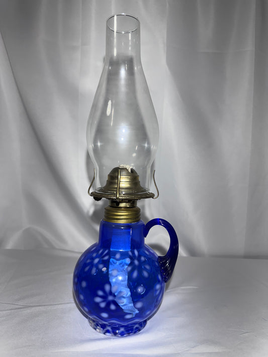 Vintage Cobalt Blue Opalescent Glass Finger Oil Lamp – Snowflake Pattern – 14”