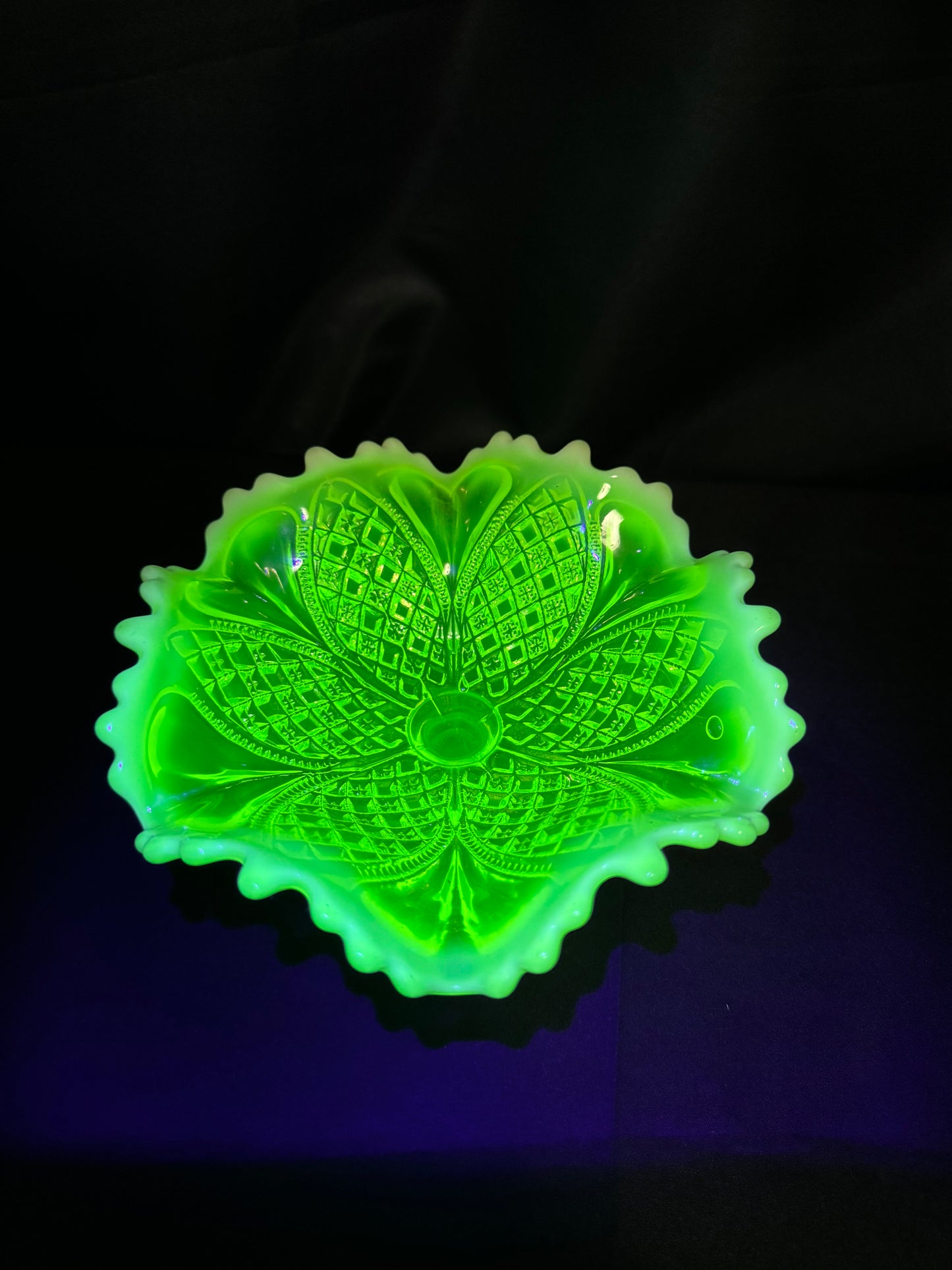 Victorian Davidson Uranium Glass Compote Bowl Queen’s Crown Primrose Pearline Opalescent Rim