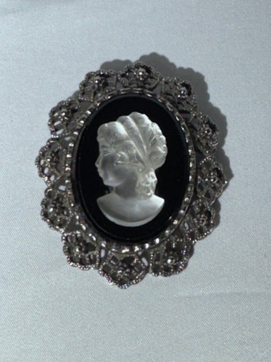 Vintage Cameo Marcasite Brooch Pin – Carved Profile – Black & White – Ornate Silver-Tone