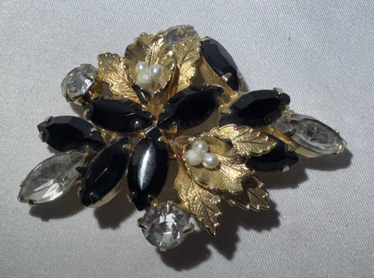 Vintage Weiss Style Black Rhinestone Floral Brooch Faux Pearl Gold Tone Unsigned