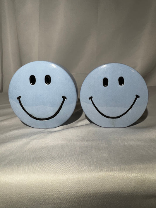 Vintage Blue Smiley Face Salt & Pepper Shakers Ceramic Happy Face Set Retro 1970s