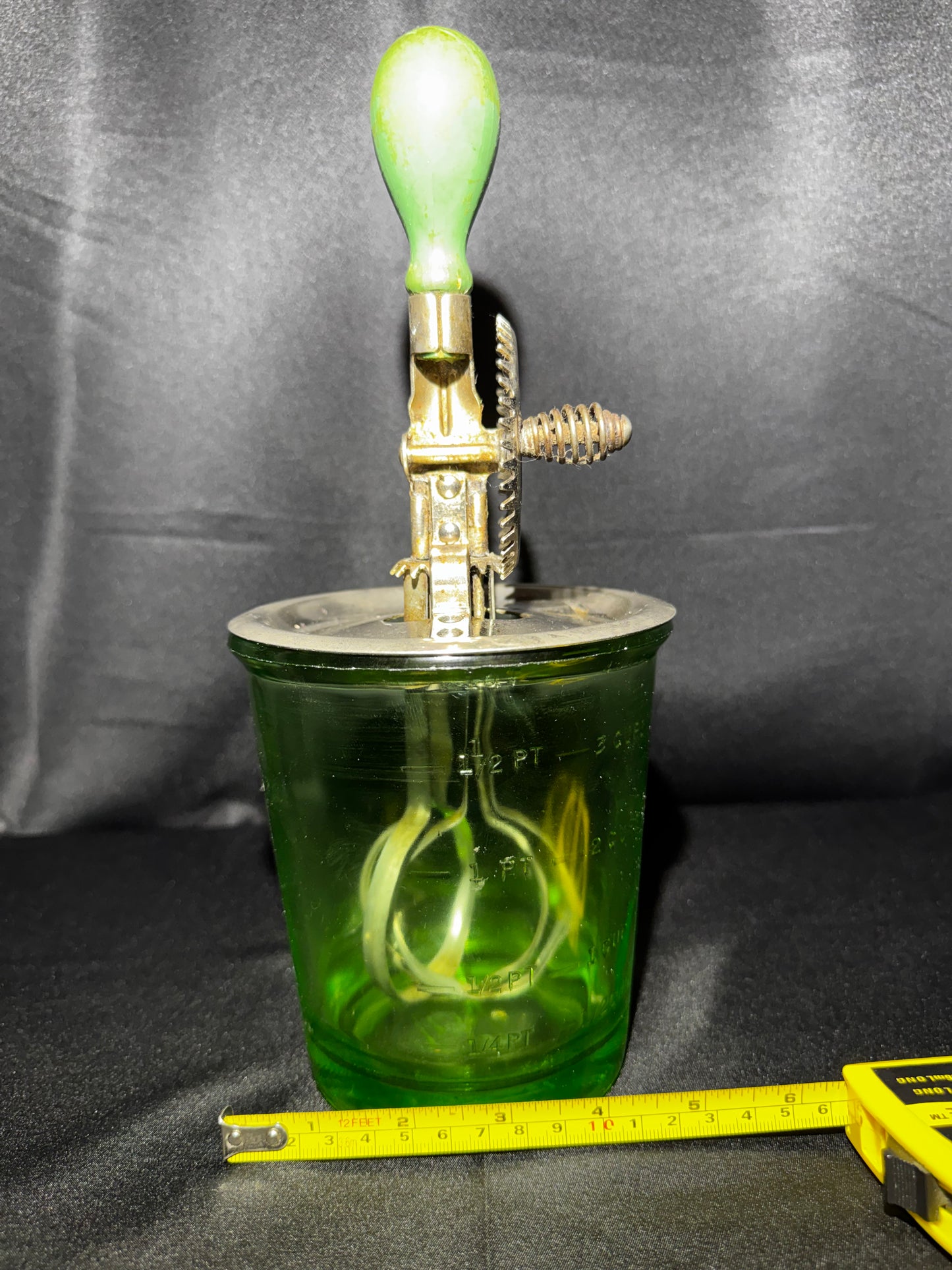 Vintage D&B Uranium Glass 4 Cup Measuring Cup A&J Hand Crank Mixer UV Glow Antique 11” Tall