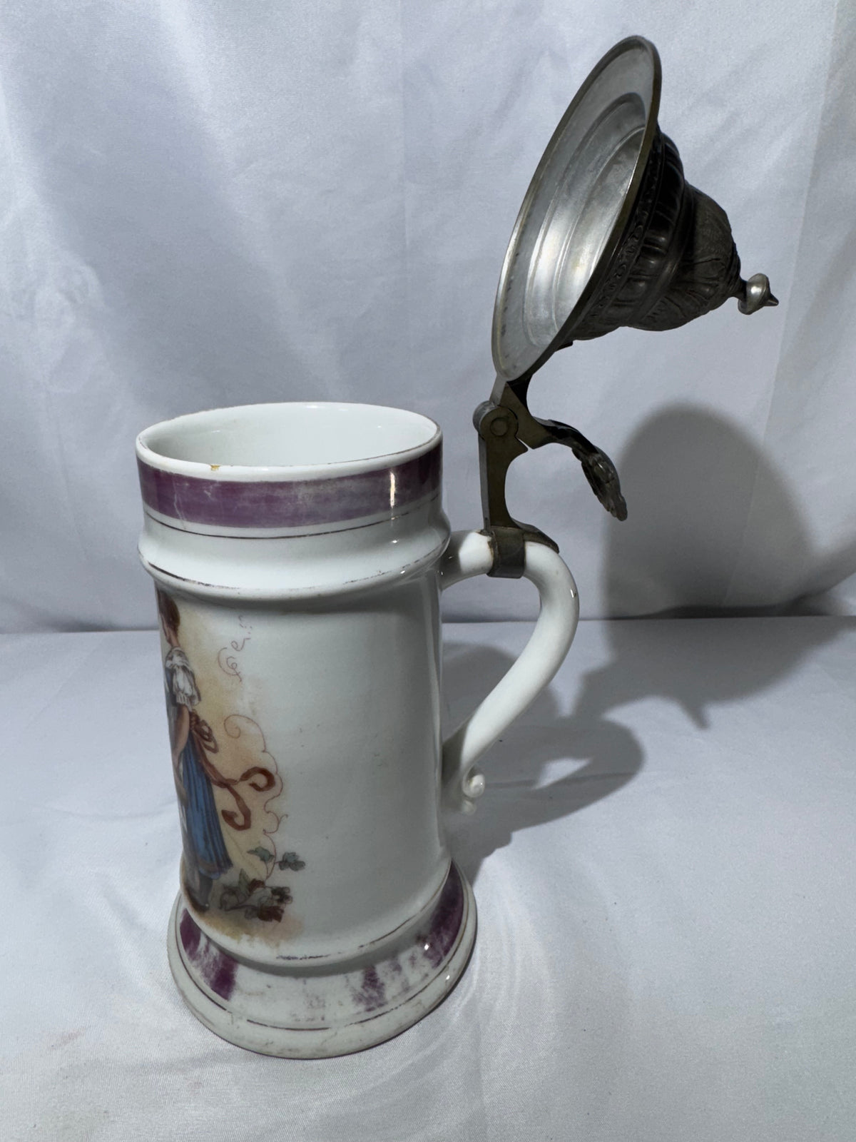 Antique 1800’s German Beer Stein Pewter Hinged Lid Tavern Scene Lithophane Base