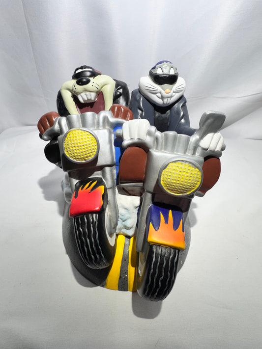 Vintage 2000 Warner Bros. Looney Tunes Taz & Bugs Bunny Harley Davidson Motorcycle Bank