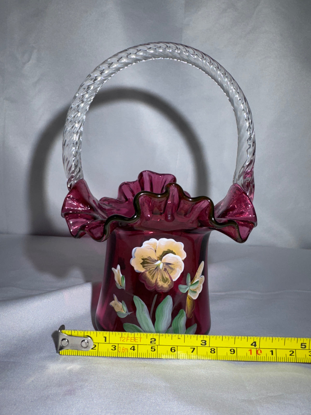 Vintage Fenton Cranberry Art Glass Basket – Hand-Painted Pansies – Ruffled Rim -signed P.Lane