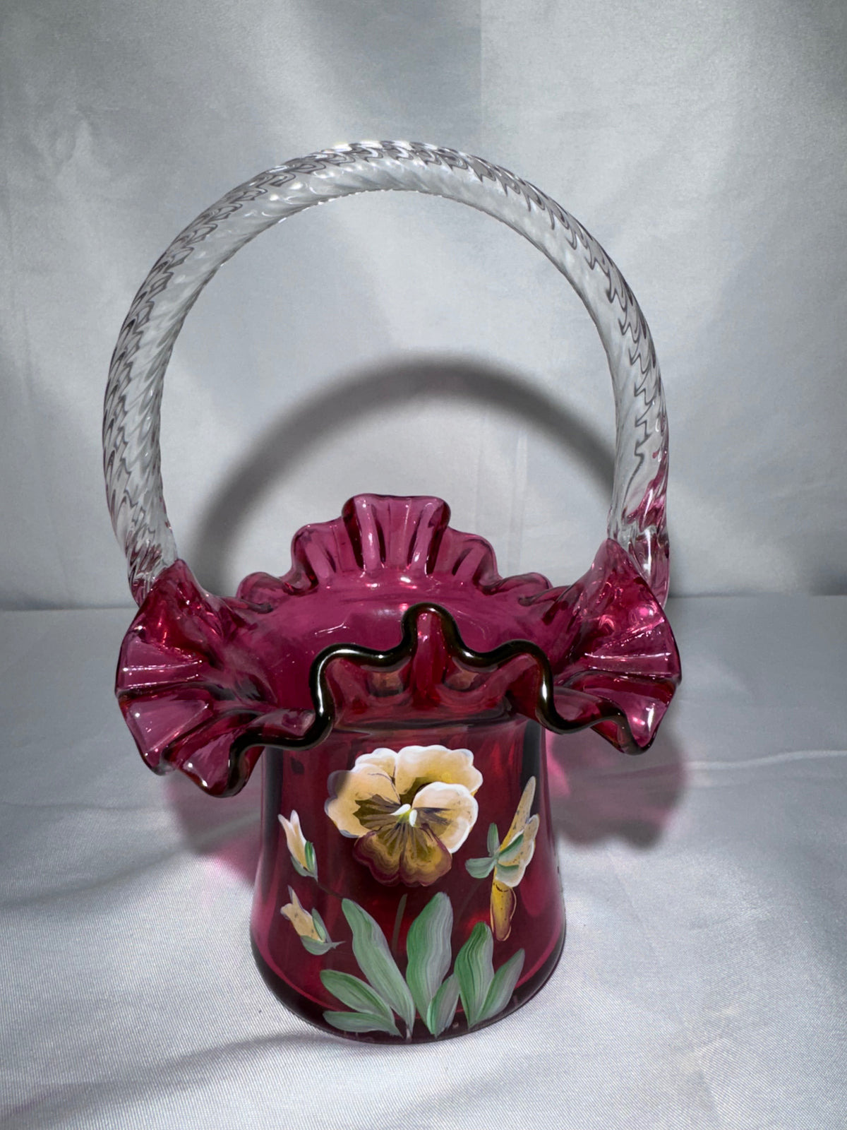 Vintage Fenton Cranberry Art Glass Basket – Hand-Painted Pansies – Ruffled Rim -signed P.Lane