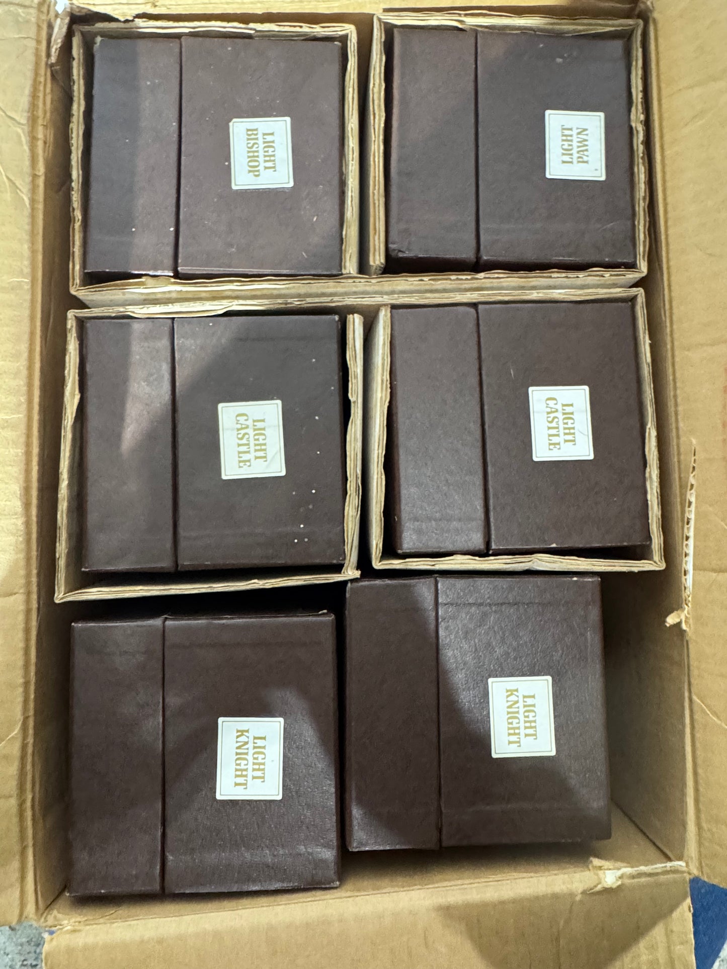 1969 Old Crow 10-Year Bourbon Chessmen Decanters Set 6 Gold Pieces Original Box