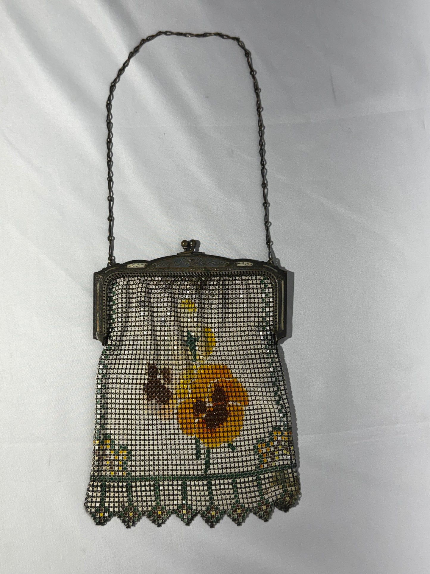 Vintage Whiting & Davis Art Deco Enameled Mesh Purse Sunflower Design 1920s Chain Handle